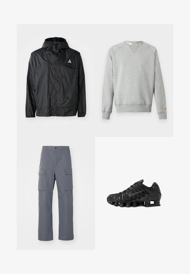 Must-black kergem jope, mis on valmistatud nailonist. Funktsioonideks on kapuuts, täispikk tõmblukk, elastsed mansetid ja kolmnurkne logo ülemisel rinnal.; Helehall hall crewneck-tüüpne dressipluus pikkade varrukate ja soonikkoes mansettidega ning väike logoga tahvel vasaku varruka mansetil.; Hallid hallid cargo püksid, mis on valmistatud vastupidavast kangast. Omadusteks on elastne vöökoht, kaks suurt külgetaskut ja sirge lõige.; Mustad võrgu- ja sünteetilisest materjalist sportlikud jalanõud, millel on eriline laineline disain, must kummist talla ja peegeldavad lisandid.