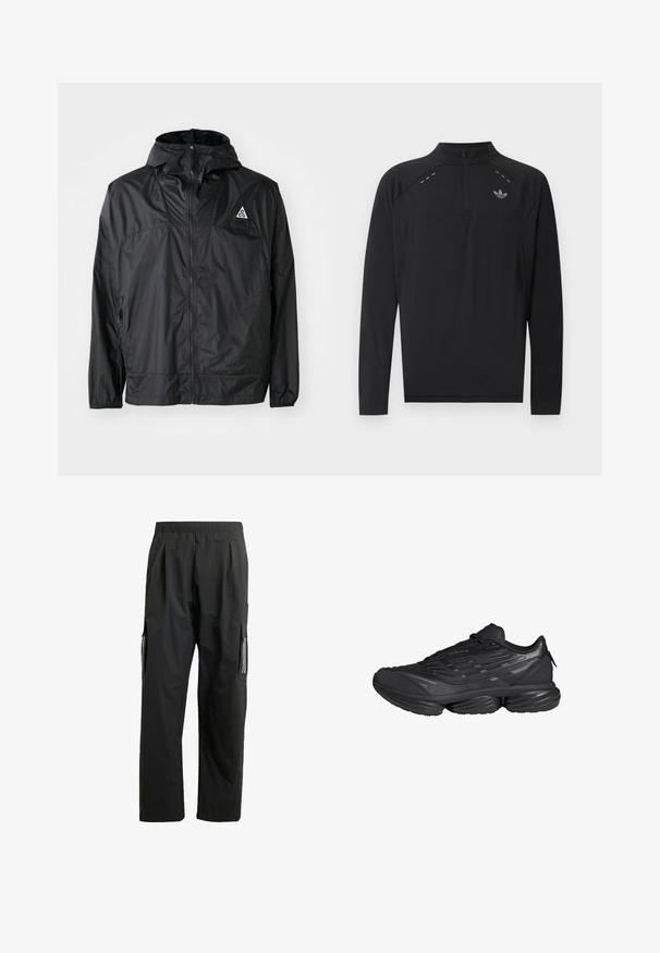 Schwarze, leichte Jacke aus Nylon. Mit Kapuze, durchgehendem Reißverschluss, elastischen Bündchen und einem dreieckigen Logo auf der oberen Brust.; Schwarzes langärmliges Sportoberteil mit Viertelreißverschluss, hohem Kragen, reflektierendem adidas-Logo auf der Brust und kleinen reflektierenden Steppnähten an den Schultern.; Schwarze Cargo-Hosen mit elastischem Bund, Seitentaschen und reflektierenden Akzenten. Hergestellt aus leichtem, wasserabweisendem Material.; Schwarzer Sportschuh mit dicker segmentierter Sohle, strukturiertem Obermaterial und Schnürverschluss, seitlich vor weißem Hintergrund gezeigt.