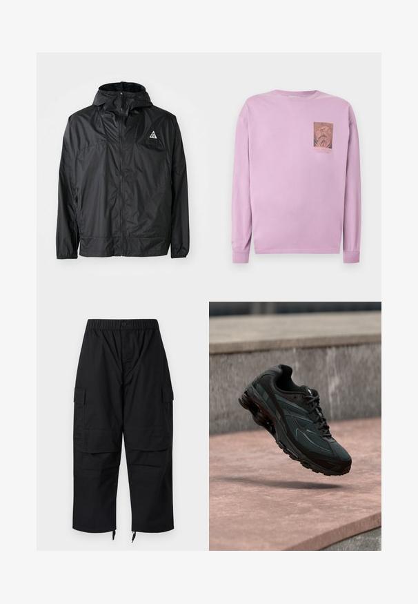 Sort letvægtsjakke lavet af nylon. Har en hætte, fuld lynlås, elastiske manchetter og et trekantet logo på den øverste brystdel.; Lavendel langærmet skjorte med en lille grafik og tekst på venstre bryst, der viser et indviklet cirkulært design.; Sorte cargobukser med elastisk talje, flere lommer og lynlåse ved anklerne, med et afslappet, løstsiddende design.; Sort atletisk sneaker med synligt luftdæmpende mellemsål, der svæver over en pink stenoverflade med en grå stenvæg i baggrunden.