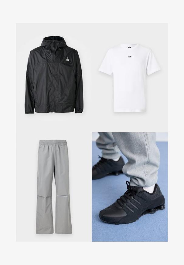 Zwarte lichtgewicht jas van nylon. Beschikt over een capuchon, volle rits, elastische manchetten en een driehoekig logo op de bovenborst.; Witte T-shirt met korte mouwen en ronde hals, met een klein zwart The North Face-logo in het midden nabij de kraag aan de voorkant.; Lichtgrijze waterdichte regenbroek met elastische tailleband en reflecterende strip aan de rechterpijp, ontworpen voor buitengebruik.; Persoon in zwarte Nike Shox sneakers en een grijze joggingbroek staand op een lichtblauw tapijt.