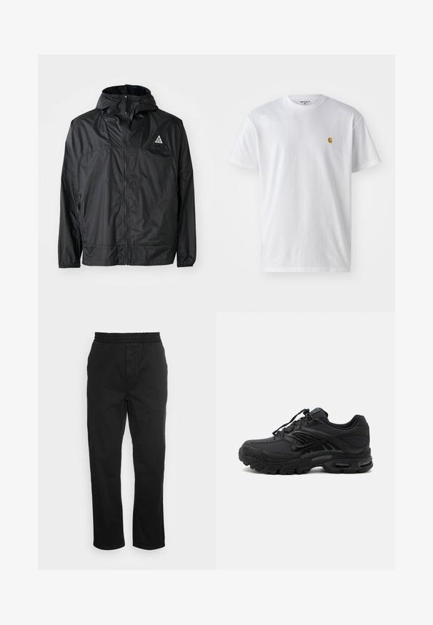 Schwarze, leichte Jacke aus Nylon. Mit Kapuze, durchgehendem Reißverschluss, elastischen Bündchen und einem dreieckigen Logo auf der oberen Brust.; Weißes Baumwoll-T-Shirt mit kurzen Ärmeln, Rundhalsausschnitt, mit einem kleinen goldenen Logo im linken Brustbereich. Weicher Stoff und normale Passform.; Schwarze Baumwollhose mit elastischem Bund, geraden Beinen und seitlichen Taschen. Glatte Textur ohne Muster oder Akzente.; Schwarzer athletischer Sneaker mit strukturiertem Stoff, dicker gepolsterter Sohle, Luftauslässen und Schnürverschluss, von der Seite auf hellem Hintergrund gezeigt.