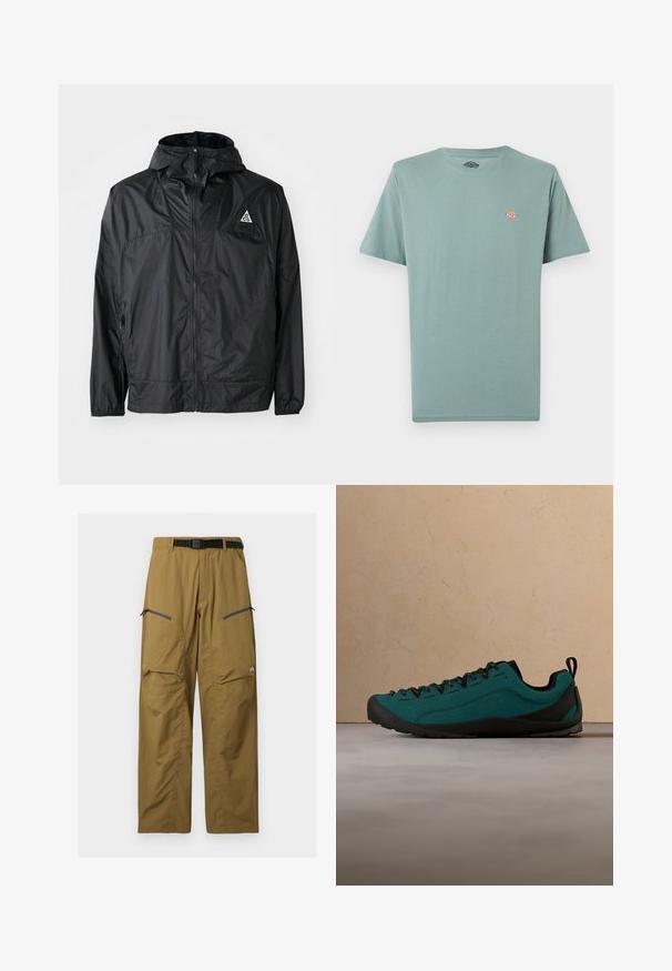Zwarte lichtgewicht jas van nylon. Beschikt over een capuchon, volle rits, elastische manchetten en een driehoekig logo op de bovenborst.; Effen gedempt groen T-shirt met korte mouwen en ronde hals, met een klein meerkleurig Dickies-logo op de linkerborst.; Kaki outdoorbroek met zwarte verstelbare riem, twee zakken op de dij met rits en kniezomen, getoond tegen een effen achtergrond.; Een groenblauwe en zwarte sneaker zweeft boven een beige tapijt in een woonkamer met een houten salontafel en opgestapelde boeken op de achtergrond.