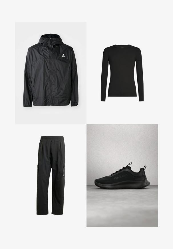 Schwarze, leichte Jacke aus Nylon. Mit Kapuze, durchgehendem Reißverschluss, elastischen Bündchen und einem dreieckigen Logo auf der oberen Brust.; Schwarzes, langärmeliges, figurbetontes T-Shirt mit Rundhalsausschnitt und dezentem Icebreaker-Logo auf dem linken Ärmel, dargestellt vor weißem Hintergrund.; Schwarze Cargo-Hosen mit elastischem Bund, Seitentaschen und reflektierenden Akzenten. Hergestellt aus leichtem, wasserabweisendem Material.; Schwarzer Calvin Klein Sneaker mit Schnürsenkeln, schwebend über einem grau polierten Boden in der Nähe einer Glasbausteinwand und einer weißen Säule.