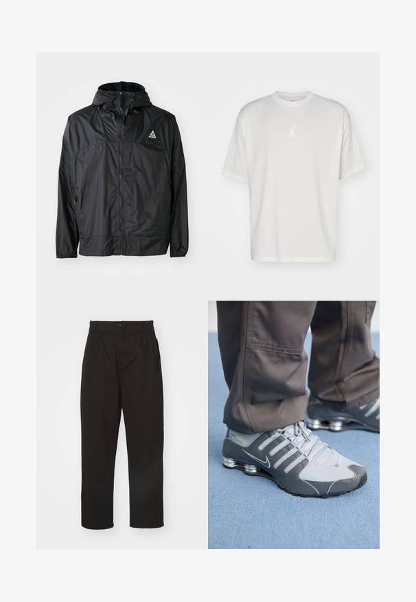 Sort letvægtsjakke lavet af nylon. Har en hætte, fuld lynlås, elastiske manchetter og et trekantet logo på den øverste brystdel.; Hvid bomulds t-shirt med rund halsudskæring, korte ærmer og et lille broderet logo i midten. Løst fit design med minimal syning.; Sorte bukser lavet af glat stof, med knaplukning, lige pasform og to frontfolder for ekstra detalje.; Grå og sølv Nike Shox sneakers har et slankt design med mesh og syntetiske materialer, en rund tå og en polstret krave.