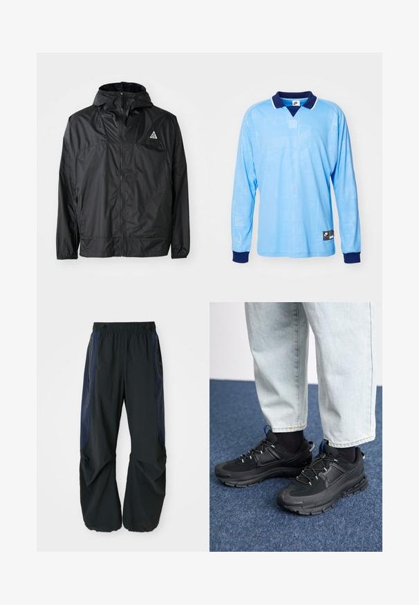 Schwarze, leichte Jacke aus Nylon. Mit Kapuze, durchgehendem Reißverschluss, elastischen Bündchen und einem dreieckigen Logo auf der oberen Brust.; Hellblauses Langarm-Polohemd mit marineblauem Kragen und Bündchen, das ein dezentes Allover-Muster und Nike-Logoprint am unteren Saum aufweist.; Schwarze Outdoor-Hosen mit lockerer Passform, ausgestattet mit einem elastischen Bund, marineblauen Seitenpaneelen und Reißverschlusstaschen auf beiden Seiten.; Schwarze Sportschuhe aus strukturiertem Stoff mit Gummisohlen, ausgestattet mit elastischen Schnürsenkeln und einem blauen Akzent an der Ferse. Getragen mit hellen Jeans.