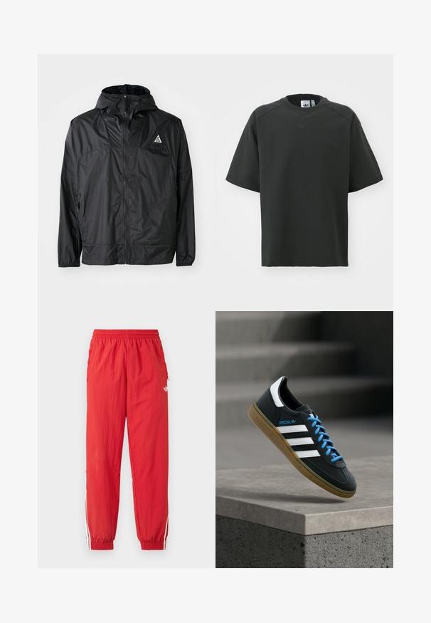 Sort letvægtsjakke lavet af nylon. Har en hætte, fuld lynlås, elastiske manchetter og et trekantet logo på den øverste brystdel.; Sort kortærmet t-shirt lavet af glat stof. Har en rund halsudskæring, præget logo på brystet og mesh-detaljer på ærmerne.; Røde atletikbukser af letvægtsmateriale med elastisk taljebånd, hvide sideliver og et lille logo på det øverste ben.; Sort Adidas sneaker med hvide striber, blå snørebånd og gummisål, der svæver over gråt betontrin i blødt lys.