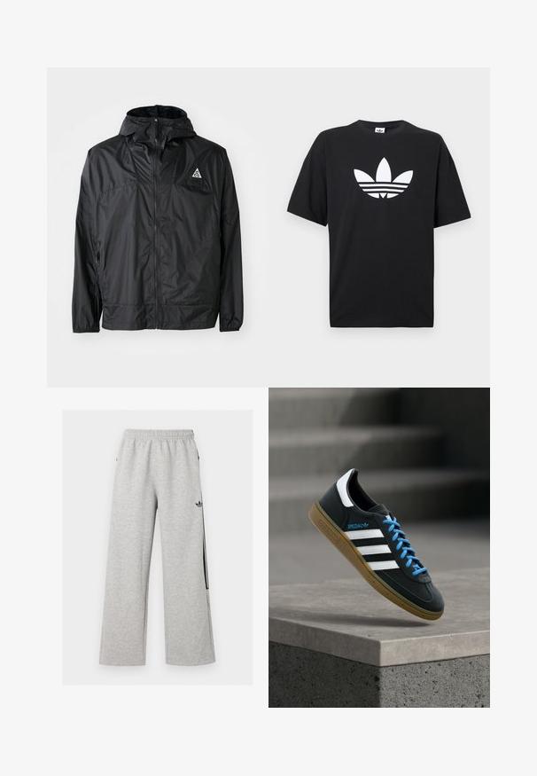 Schwarze, leichte Jacke aus Nylon. Mit Kapuze, durchgehendem Reißverschluss, elastischen Bündchen und einem dreieckigen Logo auf der oberen Brust.; Schwarzes Baumwoll-T-Shirt mit kurzen Ärmeln, das ein großes weißes Adidas-Logo und drei horizontale Streifen am Saum zeigt. Klassisches Rundhalsdesign.; Hellgraue weite Sweatpants mit elastischem Bund und schwarzem Adidas Trefoil-Logo am rechten Oberschenkel.; Schwarzer Adidas-Sneaker mit weißen Streifen, blauen Schnürsenkeln und Gummisohle, der über einer grauen Betontreppe im weichen Licht schwebt.