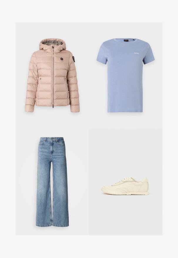 Doudoune rose clair avec capuche, dotée d'une fermeture éclair à l'avant, de deux poches latérales et d'un patch logo sur la poitrine gauche. Texture lisse et matelassée.; T-shirt en coton bleu clair à manches courtes, col rond, avec le logo BOSS brodé en blanc sur le côté gauche de la poitrine. Texture douce, coupe décontractée.; Jean large bleu clair en denim, avec une taille haute, un design à cinq poches et des ourlets bruts. Texture lisse avec une finition délavée.; Baskets basses de couleur crème avec des coutures ondulées, une fermeture à lacets et une semelle crantée, vues de côté sur un fond uni.