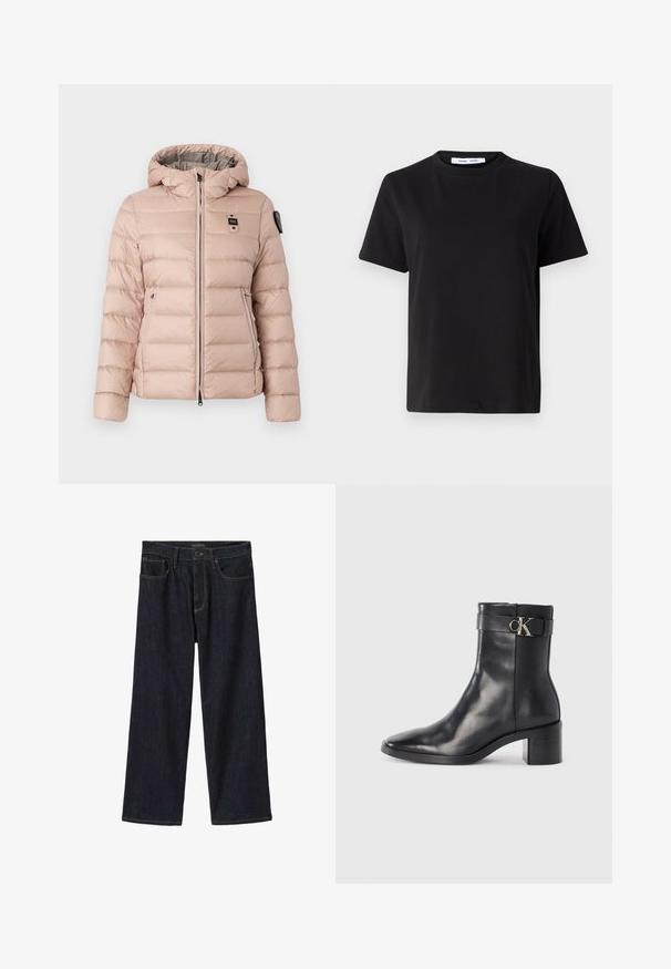 Doudoune rose clair avec capuche, dotée d'une fermeture éclair à l'avant, de deux poches latérales et d'un patch logo sur la poitrine gauche. Texture lisse et matelassée.; T-shirt noir à manches courtes en coton doux, avec un col rond, une coupe décontractée et une texture lisse. Pas de motifs ni de graphiques visibles.; Jean large indigo foncé avec fermeture à boutons et zip à l'avant, passant de ceinture et poches avant, présenté sur fond blanc.; Botte de cheville en cuir noir avec un bout pointu, un talon carré et une sangle avec un détail de logo métallique. Texture lisse et design minimaliste.