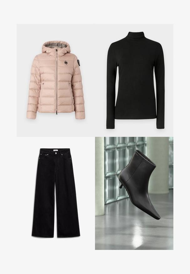 Doudoune rose clair avec capuche, dotée d'une fermeture éclair à l'avant, de deux poches latérales et d'un patch logo sur la poitrine gauche. Texture lisse et matelassée.; Chemise à manches longues noire avec col roulé, fabriquée en tissu doux et extensible. Présente un col haut et une silhouette ajustée sans motifs ni ornements.; Jean large noir en denim, avec une taille haute, cinq poches et des accents en métal argenté. Texture lisse, design épuré.; Bottine en cuir noir avec bout pointu et petit talon, présentée devant un mur en blocs de verre et un sol poli.