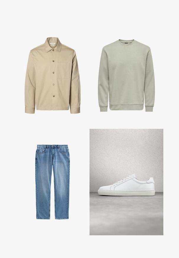 Beige langärmliges Hemd mit Knopfleiste, Kragen und einer Brusttasche, von vorne auf weißem Hintergrund dargestellt.; Helles grünes Sweatshirt aus weichigem Baumwollmix, mit Rundhalsausschnitt, gerippten Bündchen und Saum. Einfaches, ungeschmücktes Design.; Hellblaue Jeans aus Denim mit geradem Bein, Fünf-Taschen-Design, sichtbaren Nähten und Reißverschluss. Keine Abnutzungen oder Muster vorhanden.; Weißer Sneaker mit glattem Lederobermaterial und niedrigem Profil. Verfügt über eine runde Zehenpartie, sechs Ösen und eine strukturierte Gummisohle.