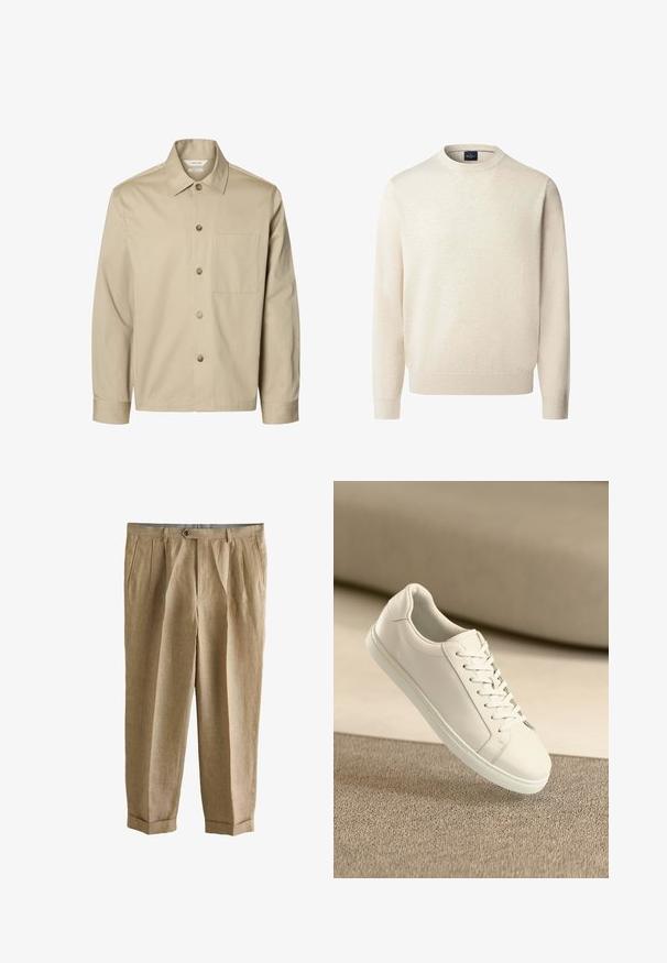 Beige overhemd met lange mouwen, knopen, een kraag en één borstzak, van voren getoond tegen een witte achtergrond.; Lichtbeige katoenen trui met een ronde hals en lange mouwen. Heeft een subtiel logo op de borst en geribbelde boorden bij de mouwen en zoom.; Beige geplooide broek met steekzakken, knoopsluiting, omgeslagen zomen en een getailleerde pasvorm.; Witte leren sneaker met witte veters, weergegeven op een beige textuurovervlak en een zacht vervaagd achtergrond.
