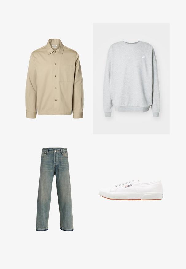 Beige langärmliges Hemd mit Knopfleiste, Kragen und einer Brusttasche, von vorne auf weißem Hintergrund dargestellt.; Grauer Sweatshirt aus einem Baumwoll-Mischgewebe, mit Rundhalsausschnitt, überschnittenen Schultern und einem kleinen weißen Logo auf der Brust.; Hellblaue Jeans mit geradem Bein und hoher Taille, Fünf-Taschen-Design, Knopf- und Reißverschluss sowie ausgefranste Säume mit dunkler Naht.; Weiße Leinensneaker mit Gummisohle, Schnürdesign und einem kleinen Logolabel an der Seite. Strukturierte weiße Oberseite und braune Außensohle.