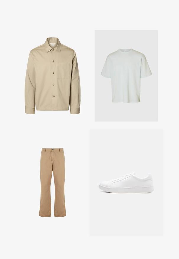 Camisa beige de manga larga con botones, con cuello y un bolsillo en el pecho, mostrada de frente sobre un fondo blanco.; Selected SLMLOOSEOSCAR - Camiseta básica - ice melt; Pantalones de algodón beige con un corte recto, que cuentan con un cierre de botón, bolsillos frontales y una textura suave.; Zapatilla blanca de cuero liso con cierre de cordones, diseño bajo y suela gruesa de caucho, vista lateral sobre un fondo liso.