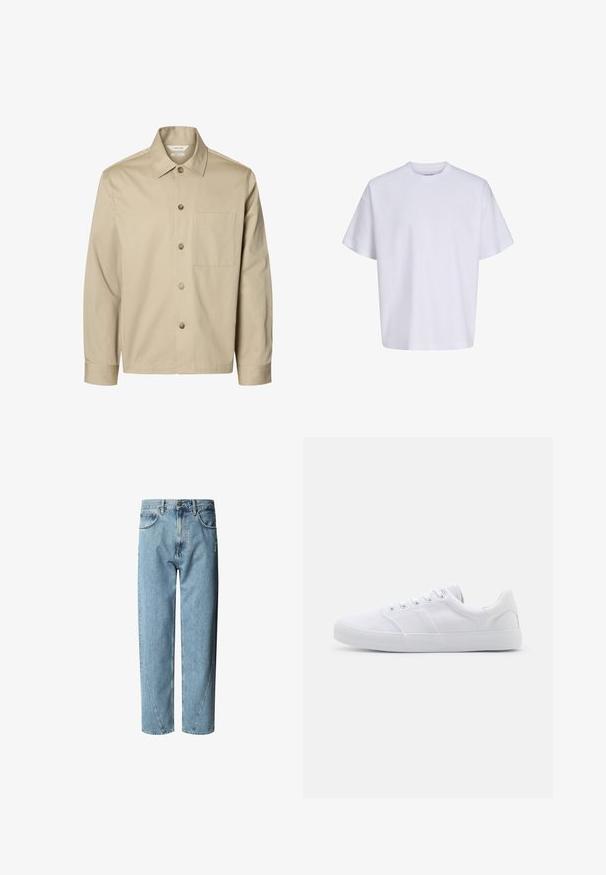 Beige overhemd met lange mouwen, knopen, een kraag en één borstzak, van voren getoond tegen een witte achtergrond.; Effen witte oversized T-shirt met korte mouwen, ronde hals en losse pasvorm tegen een witte achtergrond.; Lichtblauwe denim jeans met een relaxte pasvorm, voorzien van een hoge taille, contrasterende stiksels en subtiele slijtage aan de voorkant.; Witte canvas sneakers met een rubberen zool, voorzien van zes oogjes, een gestructureerde neuskap en een minimalistisch ontwerp.