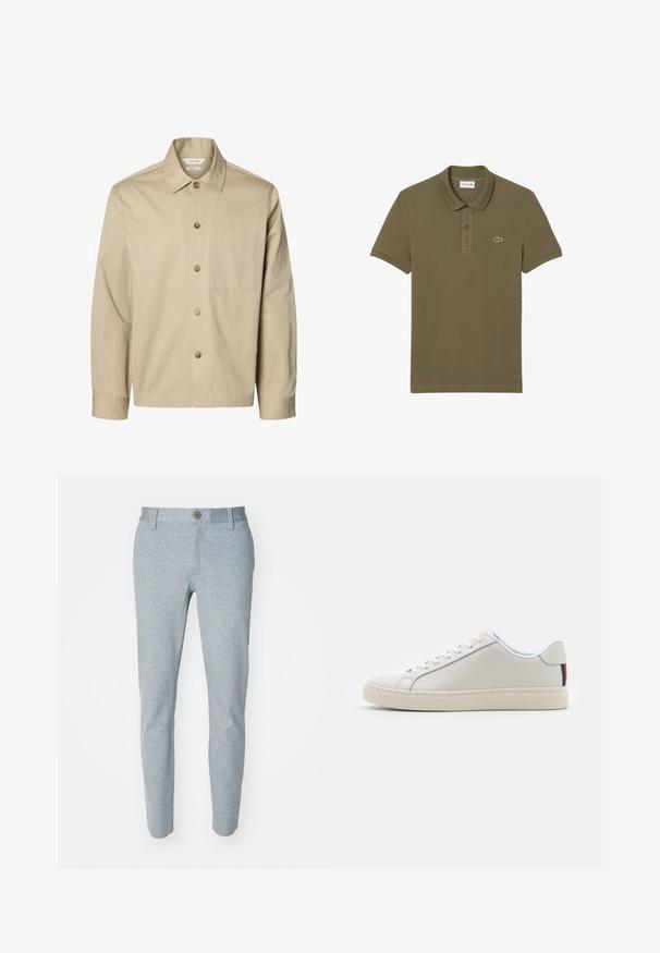 Beige langærmet skjorte med knapper, krave og en brystlomme, vist forfra på hvid baggrund.; Olivengrøn polo t-shirt med krave, to knapper, korte ærmer og et lille broderet krokodillelogo på venstre bryst.; Lyseblå bukser lavet af tekstureret stof, med knaplukning og tapered ben design. Ingen synlige mønstre eller accenter.; Hvide lædersneakers med en glat tekstur, rund tå, flad sål og matchende snørebånd. Har en farverig stribet detalje på hælen.