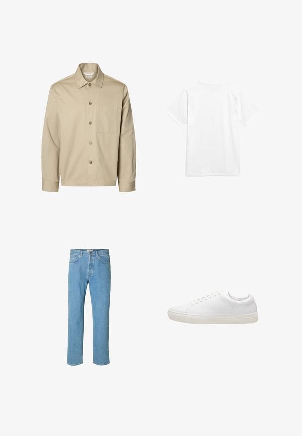 Beige langärmliges Hemd mit Knopfleiste, Kragen und einer Brusttasche, von vorne auf weißem Hintergrund dargestellt.; Weißes Baumwoll-T-Shirt mit kurzen Ärmeln und Rundhalsausschnitt. Der Stoff wirkt glatt ohne Muster oder sichtbare Hardware.; Hellblaue Jeans aus Denim mit geradem Beinschnitt. Merkmale sind ein Knopfverschluss, fünf Taschen und gestickte Details entlang der Nähte.; Weiße Leder-Sneaker mit glatter Textur, runder Zehenpartie, Schnürverschluss und flacher Gummisohle. Minimalistisches Design ohne sichtbare Muster.
