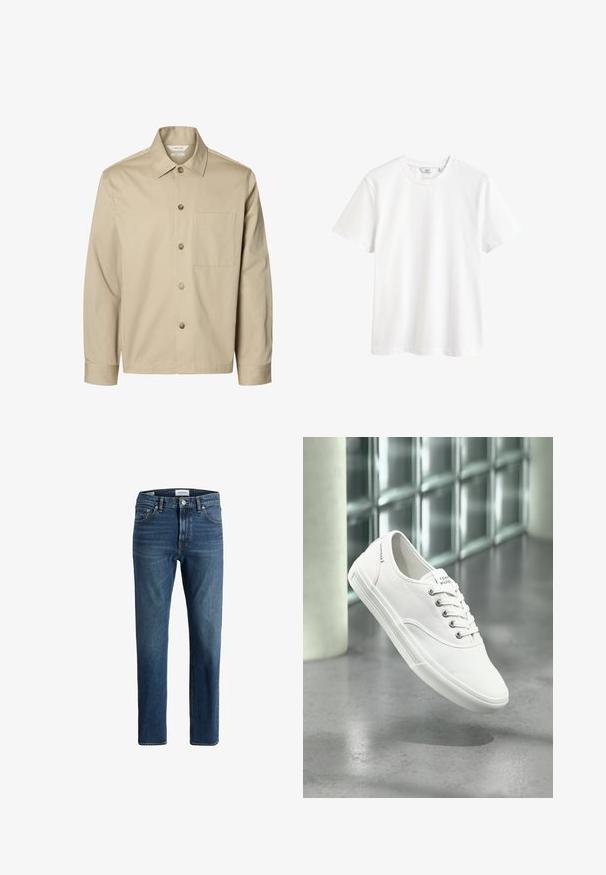 Camisa beige de manga larga con botones, con cuello y un bolsillo en el pecho, mostrada de frente sobre un fondo blanco.; Camiseta blanca lisa de manga corta con cuello redondo y una pequeña etiqueta de marca en el interior del cuello.; Vaqueros de mezclilla azul oscuro con un diseño de pierna recta, que cuentan con cinco bolsillos, costuras en contraste y una cinta de cintura con marca.; Zapatilla blanca de lona baja con cordones, etiquetada como Tommy Hilfiger, mostrada flotando sobre un suelo gris liso cerca de una pared de bloques de vidrio.