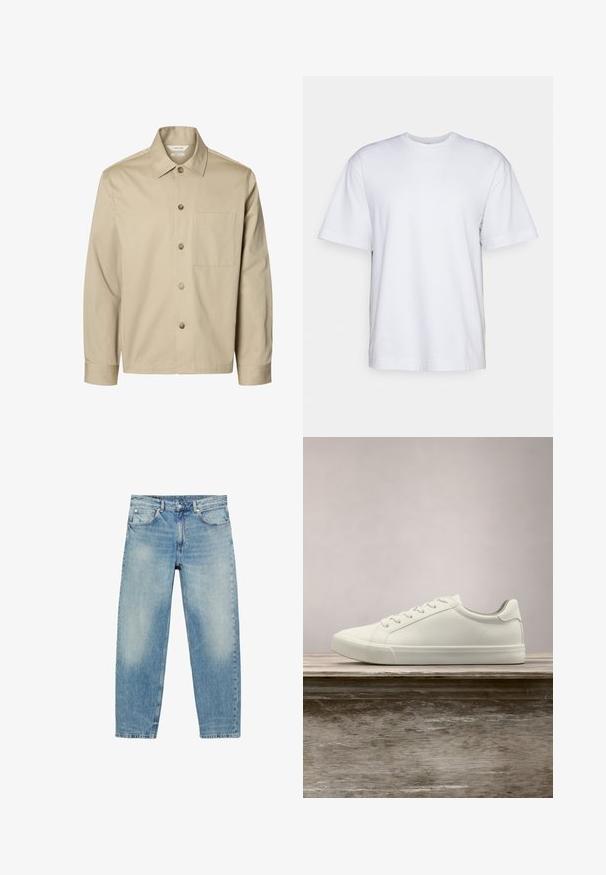 Béžová košeľa s dlhým rukávom na gombíky, s golierom a jedným náprsným vreckom, zobrazená z prednej strany na bielom pozadí.; Filippa K HEAVY CREW NECK TEE - Základné tričko - white; Modré džínsy s priamym strihom, prednými vreckami a pútkami na opasok, s jemnými vyblednutými detailmi na stehnách a kolenách.; Biele šnurovacie tenisky sa vznášajú nad drevenou lavicou so zeleným porastom v pozadí, predvádzajúc design a textúru topánok.