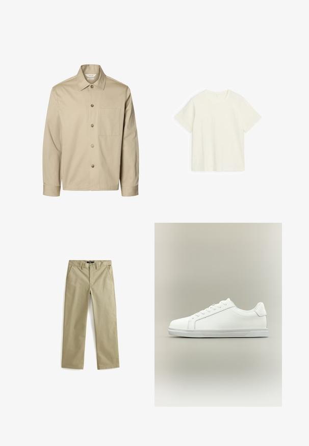 Camisa beige de manga larga con botones, con cuello y un bolsillo en el pecho, mostrada de frente sobre un fondo blanco.; Camiseta de algodón de manga corta en color blanco roto, con cuello redondo, colocada plana sobre un fondo blanco.; Chinos de algodón beige con un diseño de pierna recta, que cuentan con dos bolsillos frontales y un cierre de botón clásico. Textura suave, acentos mínimos.; Zapatilla blanca de caña baja con cordones al frente y suela de goma texturizada sobre un fondo neutro y sencillo.