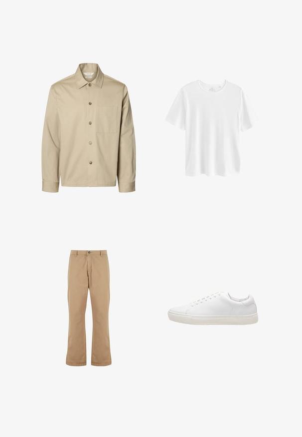 Camisa beige de manga larga con botones, con cuello y un bolsillo en el pecho, mostrada de frente sobre un fondo blanco.; Camiseta blanca lisa de manga corta con cuello redondo y ajuste regular, mostrada sobre un fondo blanco.; Pantalones de algodón beige con un corte recto, que cuentan con un cierre de botón, bolsillos frontales y una textura suave.; Zapatilla de cuero blanco con textura suave, puntera redonda, cierre de cordones y suela de goma plana. Diseño minimalista sin patrones visibles.