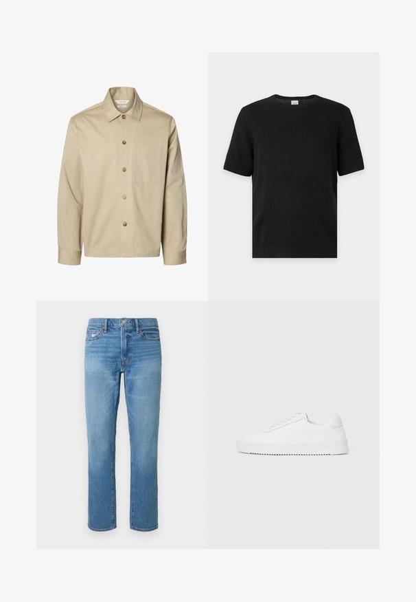 Beige overhemd met lange mouwen, knopen, een kraag en één borstzak, van voren getoond tegen een witte achtergrond.; Zwart geribd gebreid T-shirt met korte mouwen en een ronde hals, plat uitgespreid op een witte achtergrond.; Lichtblauwe spijkerbroek met een rechte pasvorm, middelhoge taille en subtiele vervagingen in de stof. Klassiek ontwerp met vijf zakken.; Witte sneaker met een gladleren bovenkant, ronde neus, veters, gestructureerde zijaccenten en een dikke rubberen zool. Minimalistisch ontwerp.