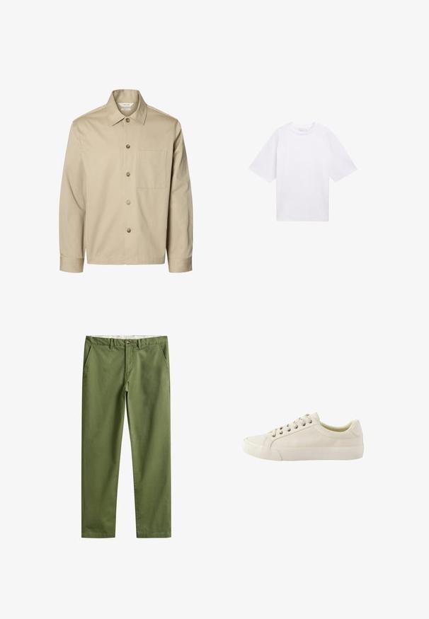 Beige langærmet skjorte med knapper, krave og en brystlomme, vist forfra på hvid baggrund.; Hvid kortærmet T-shirt lavet af bomuld. Løs pasform med rund halsudskæring. Glat tekstur og ingen synlige mønstre eller accenter.; Olivengrønne bukser med lige ben, bæltestropper, forreste knap, lynlås og sidelommer.; Next REGULAR FIT - LONGLINE SMART CASUAL - Sneakers - neutral