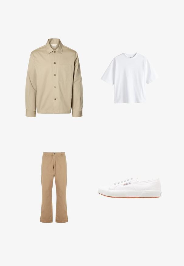 Camisa beige de manga larga con botones, con cuello y un bolsillo en el pecho, mostrada de frente sobre un fondo blanco.; Next BOXY FIT - HEAVYWEIGHT T-SHIRT . - Camiseta básica - white; Pantalones de algodón beige con un corte recto, que cuentan con un cierre de botón, bolsillos frontales y una textura suave.; Zapatillas de lona blancas con suela de goma, diseño de cordones y una pequeña etiqueta con el logo en el lateral. Parte superior texturizada blanca y suela marrón.