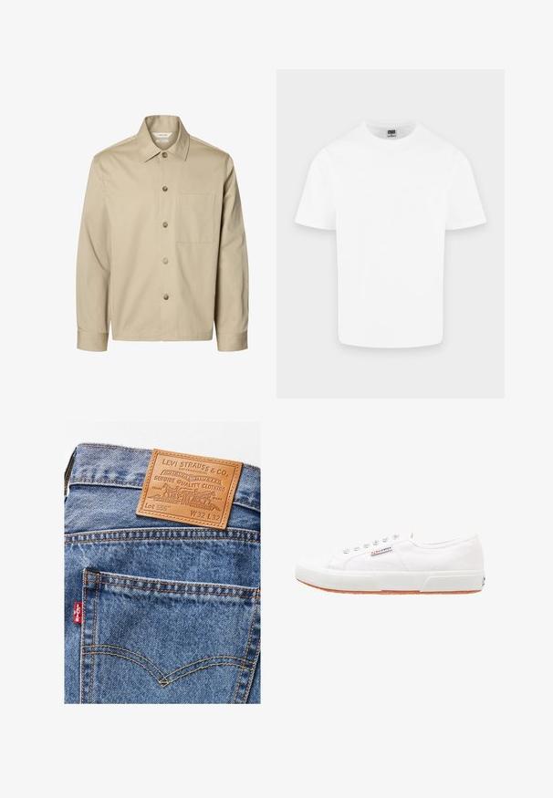 Beige langärmliges Hemd mit Knopfleiste, Kragen und einer Brusttasche, von vorne auf weißem Hintergrund dargestellt.; Schlichtes weißes Baumwoll-T-Shirt mit kurzen Ärmeln und Rundhalsausschnitt, dargestellt auf hellem grauem Hintergrund.; Jeans aus Denim mit einem hellblauen Waschungseffekt, ausgestattet mit einem braunen Lederpatch auf der Rückseite, orangen Nähten und einem roten Logotag an der linken Tasche.; Weiße Leinensneaker mit Gummisohle, Schnürdesign und einem kleinen Logolabel an der Seite. Strukturierte weiße Oberseite und braune Außensohle.