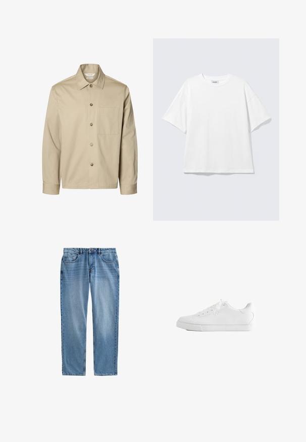 Beige langærmet skjorte med knapper, krave og en brystlomme, vist forfra på hvid baggrund.; Hvid oversized t-shirt med korte ærmer og rund halsudskæring med sænkede skuldre, fladt lagt på lys grå baggrund.; Lyseblå denimjeans med lige ben, fem-lomme design, synlig syning og lynlås. Ingen slid eller mønstre.; Hvid lavtop sneakers med snørebånd, glat læderoverdel og flad gummiå sole set fra siden på en hvid baggrund.