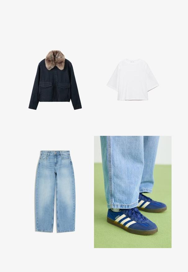 Veste en denim foncé avec un col en fausse fourrure, dotée de deux poches plaquées à l'avant et d'une fermeture éclair. Design texturé et décontracté.; T-shirt blanc à manches courtes, coupe carrée, en coton doux. Présente un col rond et des manches larges, avec un design épuré et simple.; Jean large bleu clair avec poches avant, passants pour ceinture et fermeture par bouton sur fond blanc.; Baskets en daim bleu avec des rayures blanches et des motifs texturés, portées avec un pantalon en denim bleu clair, sur fond vert.