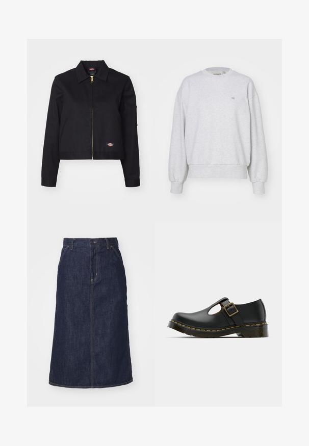 Čierna krátka bunda vyrobená z pevnej tkaniny, s predným zipsom, bočnými vreckami a malou nášivkou s logom na ľavej strane.; Carhartt WIP CASEY - Mikina - ash heather/silver; Tmavé džínsové sukne s vysokým pásom, rovný strih, predné vrecká a prešitými švami. Obsahuje zips a gombík na uzatvorenie v páse.; Čierna kožená topánka s okrúhlou špičkou, remienkom okolo členka a prackou, nízkym podpätkom a žltým prešitím pozdĺž podrážky. Hladký povrch po celom obvode.