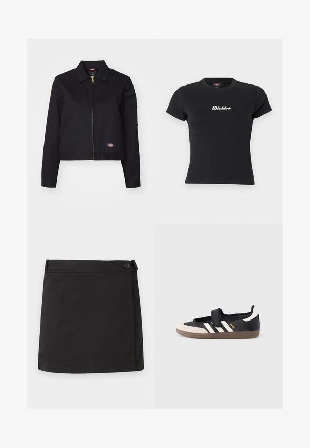 Sort cropped jakke lavet af robust stof, med en frontlynlås, sidelommer og et lille logo-patch på venstre side.; Sort tætsiddende t-shirt med korte ærmer og hvidt "Dickies"-logo centreret på brystet samt rund halsudskæring.; Sort bomulds mininederdel med sidelukning med knapper og lige kant, vist fladt på hvid baggrund.; Sort og beige sko med velcrolukning, tre hvide striber på siden og en tekstureret brun gummisål. Mærkelogo er synligt.