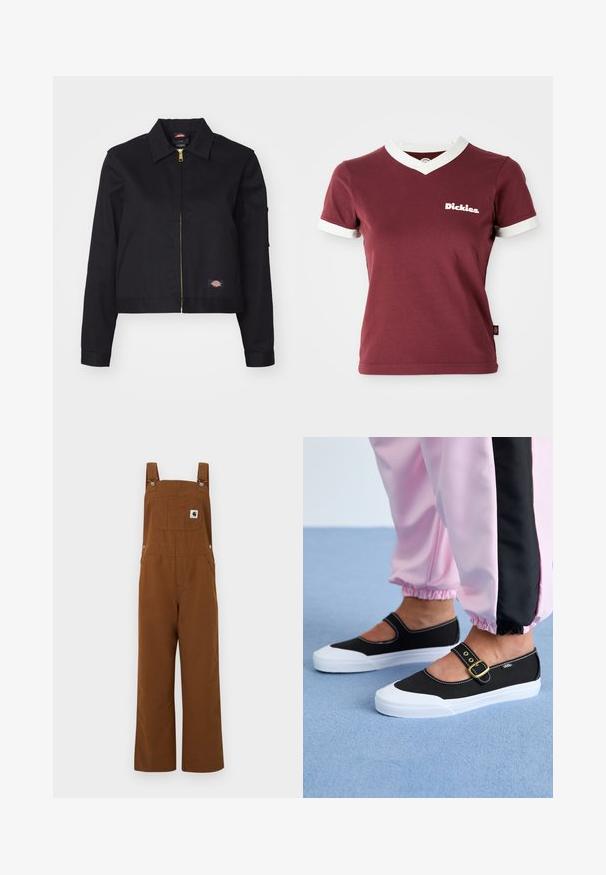 Veste noire cropped en tissu robuste, avec une fermeture éclair à l'avant, des poches latérales et un petit patch logo sur le côté gauche.; T-shirt bordeaux à col en V avec un col et des poignets en côtes blancs. Présente un logo "Dickies" blanc sur la poitrine gauche. Matière en coton, design ajusté.; Salopette marron à jambes larges avec bretelles réglables, une poche poitrine ornée du logo de la marque et des boutons-pression latéraux.; Baskets noires en toile avec une semelle blanche, présentant un design découpé et une sangle en boucle dorée. Portées avec un pantalon de survêtement rose.