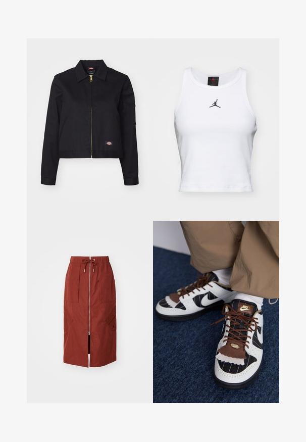 Zwarte kortgebroken jas van stevig materiaal, met een rits aan de voorkant, zijzakken en een klein logo-patch aan de linkerkant.; Witte crop tanktop van katoen met een ribbeltextuur. Beschikt over een zwart Jordan-logo in het midden en een klassieke ronde hals.; Mid-length rok in terracotta rood, met een rits aan de voorkant, een elastische tailleband met trekkoord en zijzakken met een geometrisch ontwerp.; Nike sneakers van witte, zwarte en bruine materialen. Kenmerken zijn een getextureerde bruine flap, gestreept ontwerp en traditionele vetersluiting met gouden accenten.