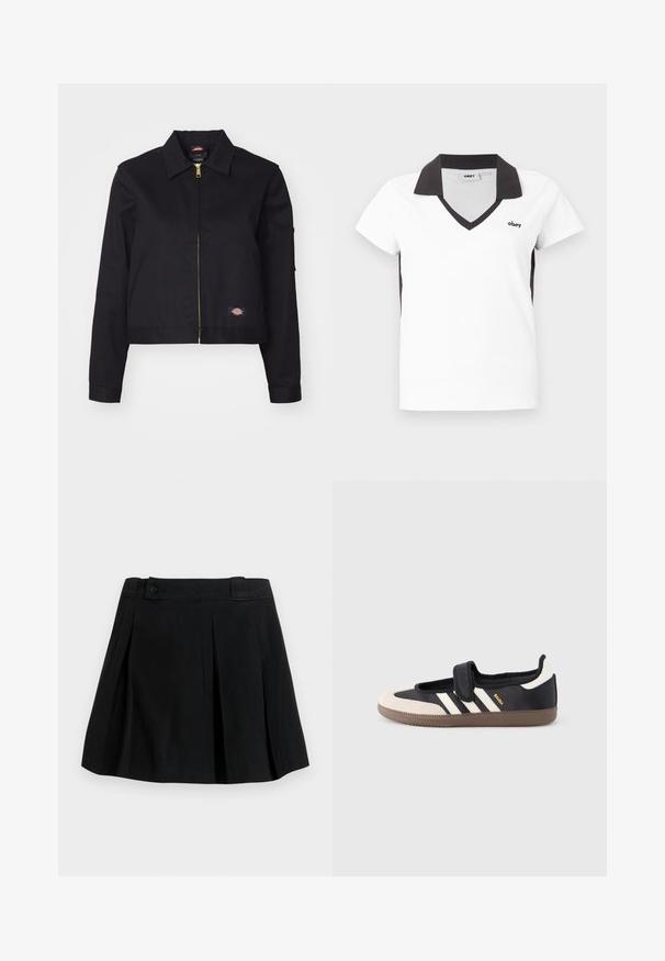 Chaqueta corta negra hecha de un tejido resistente, con cremallera frontal, bolsillos laterales y un pequeño parche con el logotipo en el lado izquierdo.; Polo blanco de manga corta con cuello negro, ribete negro en forma de V en el escote, paneles laterales negros y pequeño logo "obey" en el pecho izquierdo.; Falda negra plisada con cinturilla y detalle de botón, de longitud hasta la rodilla, hecha de tela lisa, mostrada sobre un fondo claro y sencillo.; Zapatilla negra y beige con una correa de velcro, tres rayas blancas en el lateral y una suela de goma marrón texturizada. Logotipo de la marca visible.