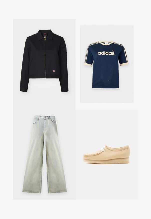 Čierna krátka bunda vyrobená z pevnej tkaniny, s predným zipsom, bočnými vreckami a malou nášivkou s logom na ľavej strane.; Tmavomodré Adidas sieťované tričko s krátkym rukávom s krémovým lemom, troma krémovými pruhmi na rukávoch a logom Adidas na hrudi.; Džínsy s vysokým pásom, svetlomodré, široké nohavice so zadnými vreckami, pútkami na opasok a hnedým gombíkom na zapínanie v páse.; Béžová kožená mokasína so šnúrkami bielej farby a podrážkou z krepu, zobrazená z profilu na jednoduchom pozadí.
