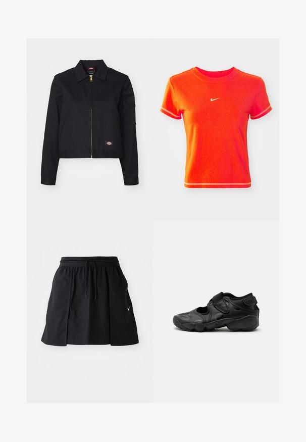 Sort cropped jakke lavet af robust stof, med en frontlynlås, sidelommer og et lille logo-patch på venstre side.; Rød cropped T-shirt lavet af bomuld, med en ribbet crew neck og korte ærmer. Viser et lille hvidt Nike-logo på fronten.; Sort sportskørt med elastisk talje og justerbar snor. Har sideslids, letvægtsstof og et lille logo på kanten.; Sort atletisk sandal med lukket tå, velcro stropper ved mellemfoden og hælen samt tyk polstret sål markeret med "AIR" på siden.