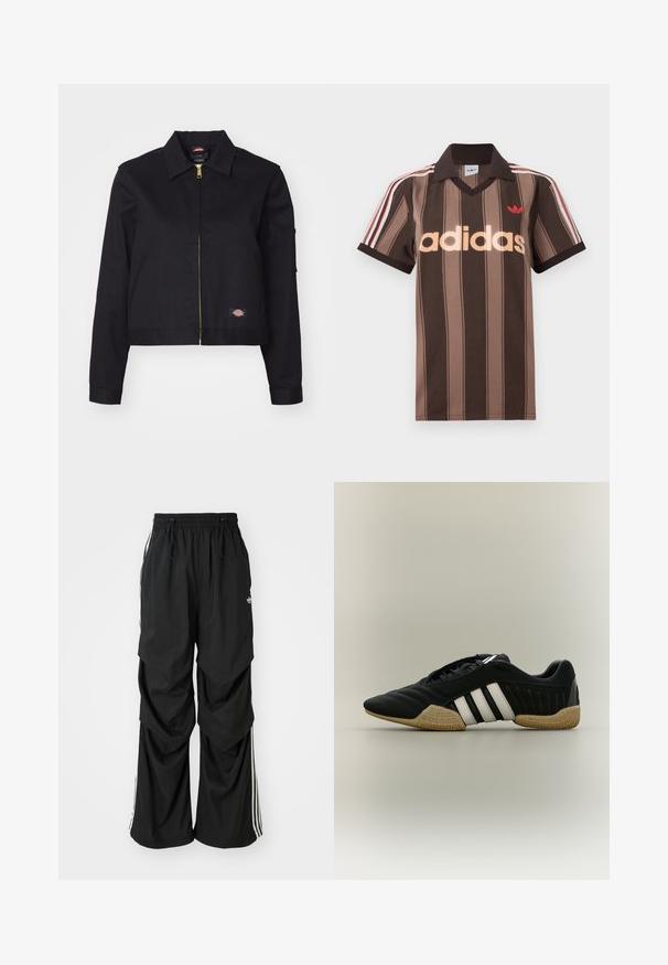 Zwarte kortgebroken jas van stevig materiaal, met een rits aan de voorkant, zijzakken en een klein logo-patch aan de linkerkant.; Bruine gestreepte Adidas polo met V-hals, bordeauxrode kraag en rood logo. Heeft witte en rode schouderstrepen, korte mouwen.; Zwarte, losvallende broek met een elastische tailleband, trekkoord en witte zijkanten; gemaakt van lichte stof met een gladde structuur.; Zwart sportief schoen met witte strepen en beige getextureerde zool op een neutrale achtergrond, weergegeven in zijprofiel.