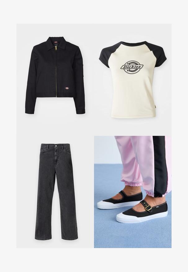 Chaqueta corta negra hecha de un tejido resistente, con cremallera frontal, bolsillos laterales y un pequeño parche con el logotipo en el lado izquierdo.; Camiseta de color crema con mangas raglán negras que presenta un logo circular con el texto "Dickies" en el centro, sobre un fondo blanco.; Jeans de mezclilla negra con corte recto, que cuentan con un cierre de botón metálico, cinco bolsillos y costuras visibles. Textura suave y color apagado.; Zapatillas de lona negras con suela blanca, con un diseño recortado y una correa con hebilla dorada. Combinadas con pantalones de chándal rosas.