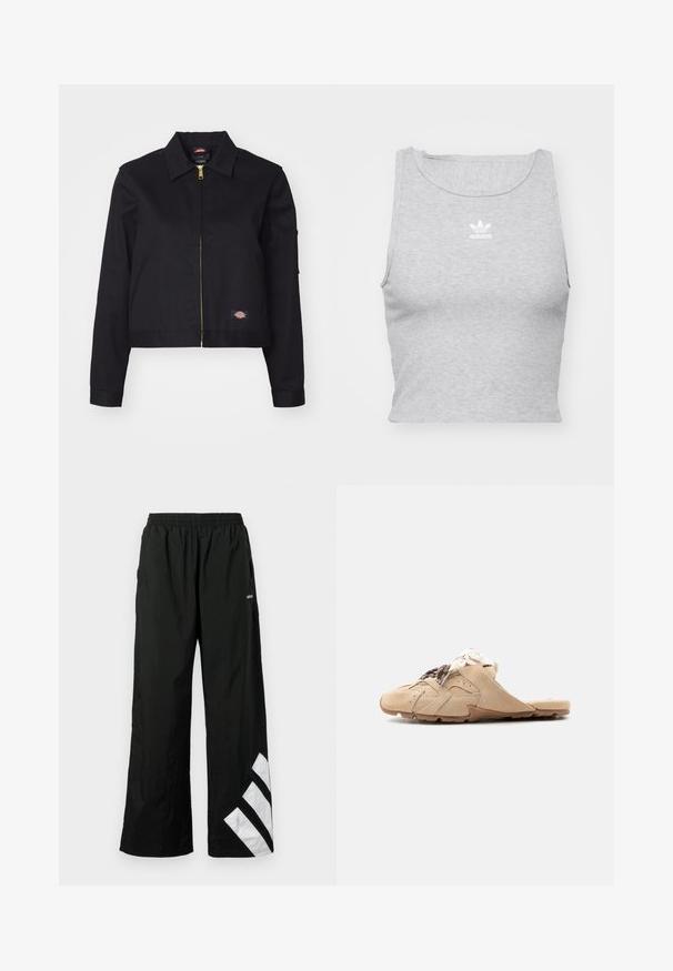 Čierna krátka bunda vyrobená z pevnej tkaniny, s predným zipsom, bočnými vreckami a malou nášivkou s logom na ľavej strane.; Šedý, bezrukávový crop top vyrobený z jemnej látky, s okrúhlym výstrihom a malým bielym logom Adidas na hrudi.; Čierne nohavice s širokými nohavicami vyrobené z ľahkého materiálu, s elastickým pásom a bielym diagonálnym pruhom na ľavej nohavici.; Béžová semišová obuv na zapínanie s hnedo-bielymi vzorovanými šnúrkami a textúrovanou gumovou podrážkou, zobrazená z boku na bielom pozadí.
