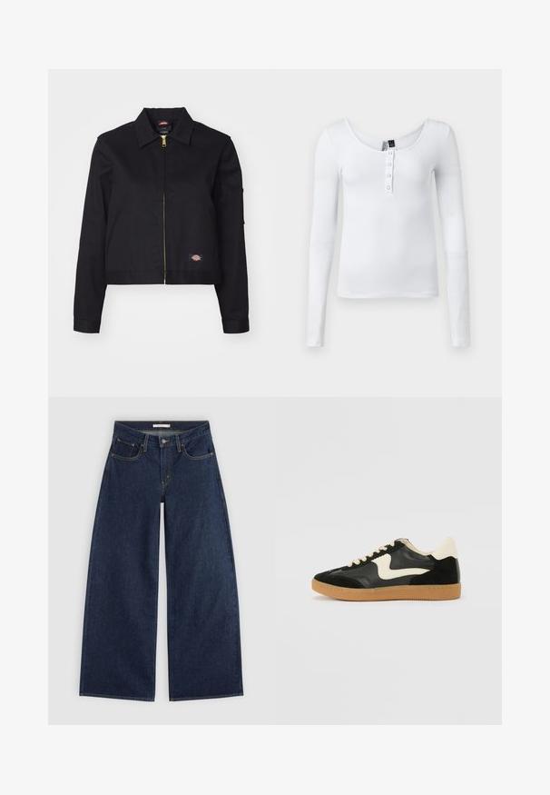 Sort cropped jakke lavet af robust stof, med en frontlynlås, sidelommer og et lille logo-patch på venstre side.; Hvid langærmet ribbet top med scoop-neck og fire knapper foran. Stoffet har en glat tekstur og en tætsiddende pasform.; Mørkeblå vidde cowboybukser med forlommer, bæltestropper og knaplukning, vist fladt på en lys baggrund.; Sorte ruskinds- og lædersneakers med en cremefarvet side-swoosh og lys cremefarvet hæl. Har beige snørebånd og en gummirubber-sål.