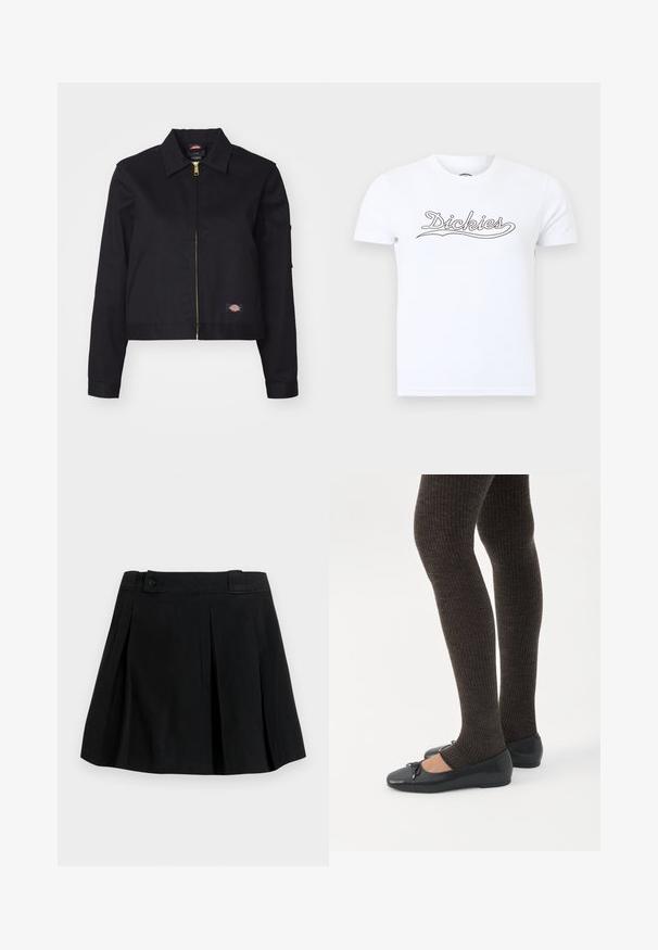 Sort cropped jakke lavet af robust stof, med en frontlynlås, sidelommer og et lille logo-patch på venstre side.; Hvid kortærmet t-shirt med rund hals og "Dickies" skrevet i sort over brystet på en ensfarvet baggrund.; Sort plisseret nederdel med taljebånd og knapdetalje, knælængde, lavet af glat stof, vist på en ensfarvet lys baggrund.; Ben iført mørke ribbede leggings kombineret med sorte balletsko med små sløjfedetaljer på hvid baggrund.