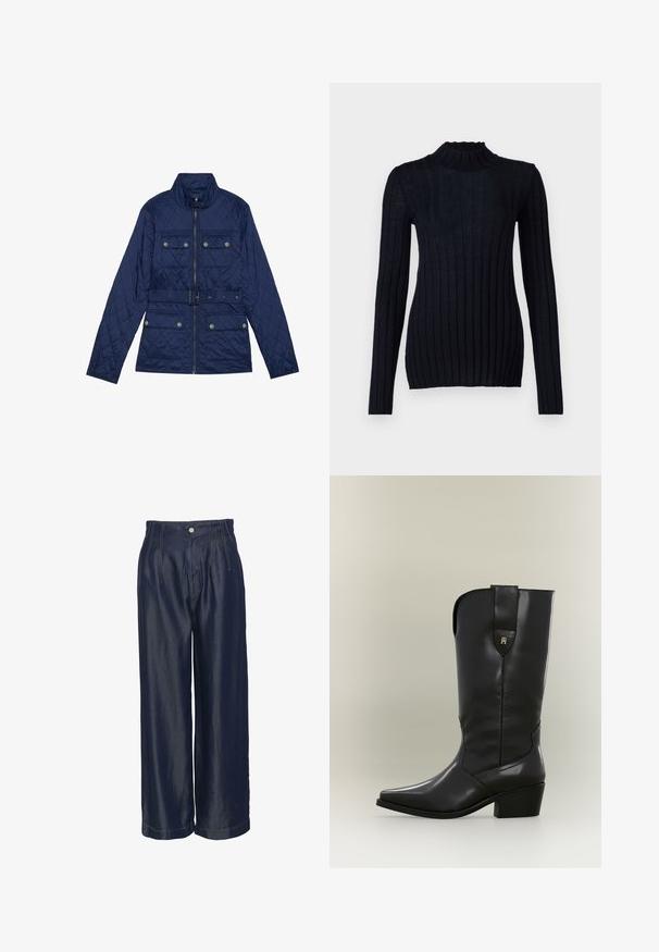 Chaqueta acolchada azul marino con cuello alto, cierre frontal, dos bolsillos en el pecho con solapas, cintura ceñida y patrón de diamantes texturizado.; Suéter de cuello alto acanalado en color navy con mangas largas, que presenta una silueta ajustada y un detalle de tejido texturizado.; Pantalones de mezclilla de pierna ancha en azul marino con una cintura alta, con plisados frontales y acentos de costura dorada, textura suave y cierre de botón.; Bota cowboy alta de cuero negro con punta puntiaguda, tacón grueso y lengüeta con un pequeño logo dorado.