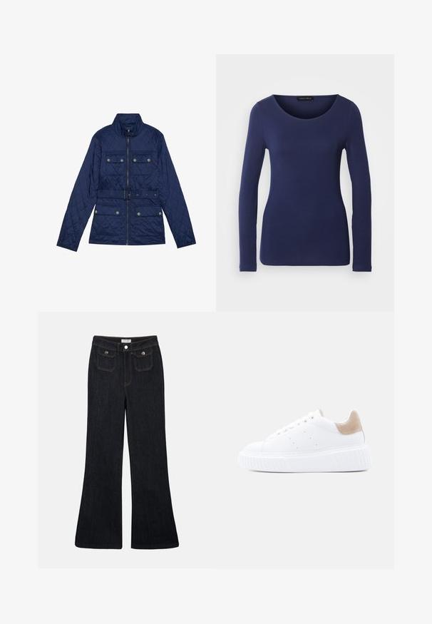Chaqueta acolchada azul marino con cuello alto, cierre frontal, dos bolsillos en el pecho con solapas, cintura ceñida y patrón de diamantes texturizado.; Camiseta de manga larga en color navy, hecha de material suave, con un escote redondo y un diseño ajustado. Sin patrones ni acentos visibles.; Vaqueros de mezclilla oscuros de corte acampanado, con cintura alta, dos bolsillos delanteros y costuras naranjas. El material parece robusto y suave.; Zapatilla de cuero blanca con suela gruesa y lengüeta de tacón en ante beige, vista desde un lado sobre un fondo claro y sencillo.