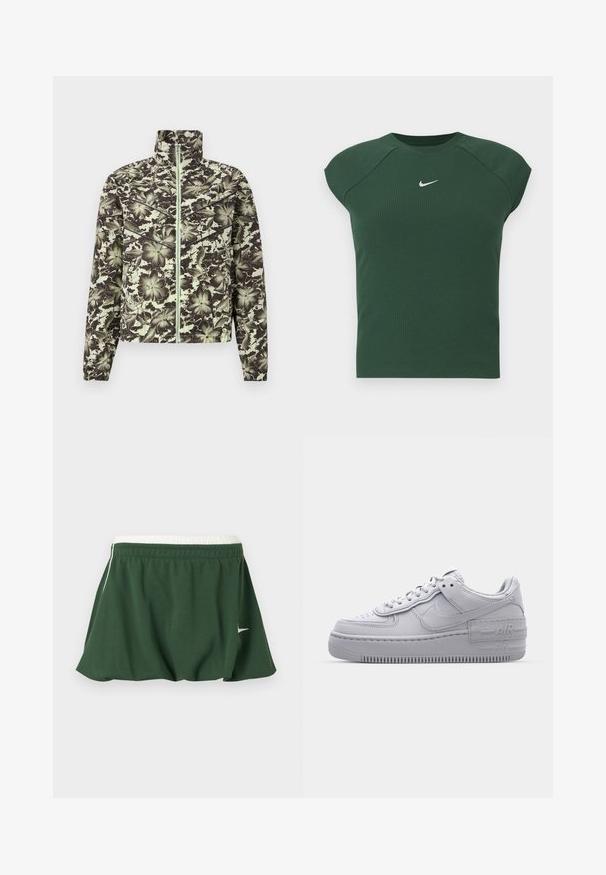 Chaqueta con estampado floral en verde apagado y negro, con cuello alto, cremallera frontal y puños elásticos para un silueta ajustada.; Top atlético de manga corta en verde oscuro con textura acanalada y cuello redondo, que presenta un pequeño logotipo de Nike en blanco en el pecho.; Falda deportiva verde oscuro con cintura elástica blanca y pequeño logo blanco de Nike en el lateral, mostrada sobre un fondo blanco.; Zapatilla Nike Air Force 1 gris con puntera perforada, parte superior de cuero suave, suela gruesa y detalle en relieve 'AIR' en el talón.