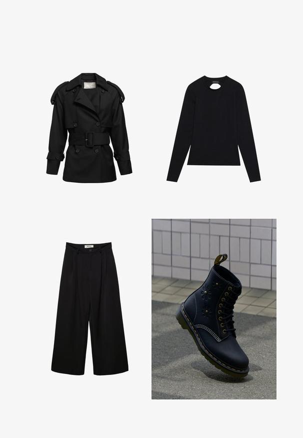 Manteau noir en trench avec boutons double boutonnage, larges revers, épaulettes et taille ceinturée. Confectionné en tissu lisse et structuré.; Chemise noire à manches longues en tissu doux, avec un col rond et un petit décolleté à l'avant.; Pantalon noir à jambes larges avec taille haute, présentant des plis à l'avant, deux poches latérales et une fermeture par bouton. Texture de tissu lisse.; Botte noire en cuir unique avec coutures jaunes, motifs floraux en relief, lacets noirs et languette de tirage jaune, posée sur un pavé texturé.