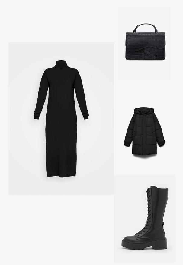 Abrigo acolchado negro con capucha, con secciones acolchadas, cremallera frontal, dos bolsillos laterales y cordones ajustables.; Vestido negro de manga larga y cuello alto, confeccionado en tejido suave, de forma ligeramente ajustada, que llega a la mitad de la pantorrilla, con puños y cuello de canalé.; Botas negras hasta la rodilla con cordones y suela de plataforma gruesa, acabado de cuero suave y costuras reforzadas a lo largo de las juntas.; Bolso de mano negro de cuero con textura de cocodrilo, forma rectangular, solapa curva y asa corta en la parte superior.