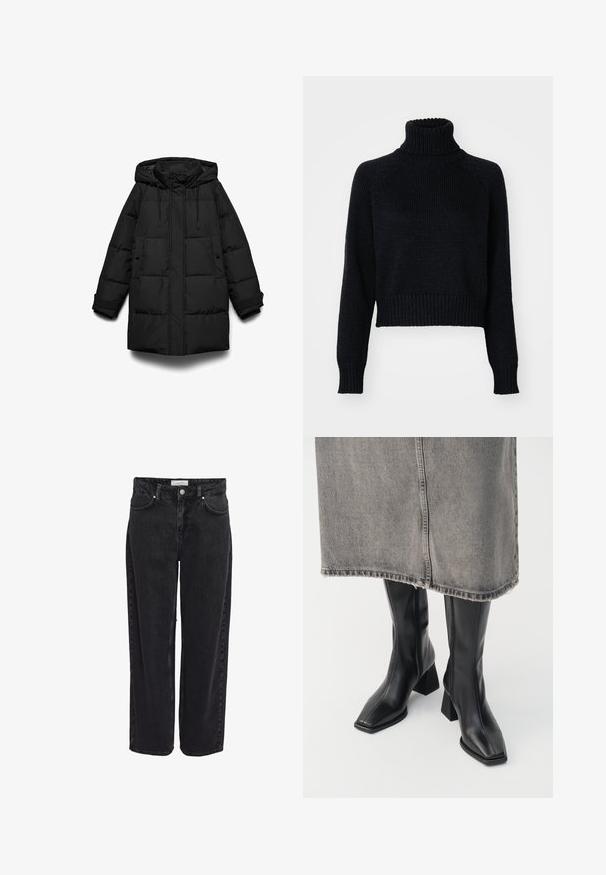 Abrigo acolchado negro con capucha, con secciones acolchadas, cremallera frontal, dos bolsillos laterales y cordones ajustables.; Suéter de cuello alto de punto oscuro con un diseño recortado, que presenta puños y dobladillo acanalados, y una textura tejida en todo su cuerpo.; Jeans de mezclilla negra de pierna ancha con cintura alta, diseño de cinco bolsillos y cierre de cremallera. Textura suave con detalles mínimos de costuras visibles.; Botas negras hasta la rodilla de cuero liso con punta cuadrada y tacón cuadrado. Llevadas con una falda de mezclilla gris con dobladillo desflecado.