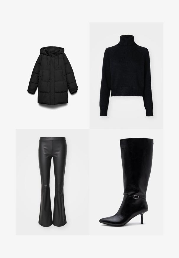 Manteau matelassé noir avec capuche, présentant des sections matelassées, une fermeture éclair frontale, deux poches latérales et des cordons ajustables.; Pull en laine à col roulé sombre avec un design court, doté de poignets et d'un ourlet côtelés, et d'un tissage texturé sur l'ensemble.; Pantalons évasés en simili cuir noir avec une texture lisse et une taille élastique ; ajustés au niveau des cuisses avant de s'évaser en bas.; Botte en cuir noire montant jusqu'au genou, avec un bout pointu, un talon moyen et fin et une fine bride de cheville avec boucle argentée sur fond uni.